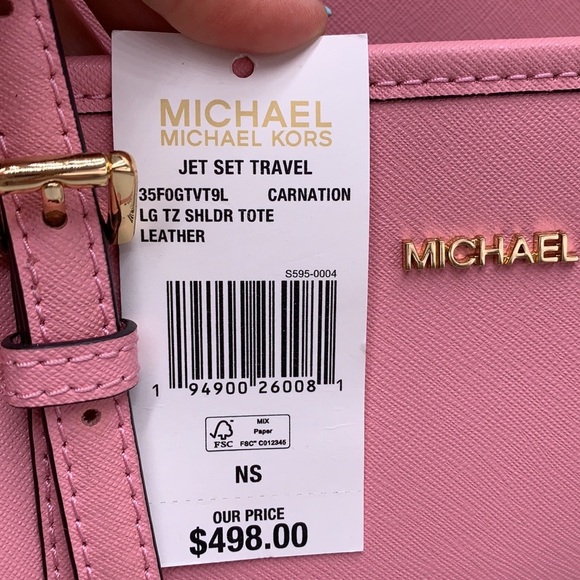 MICHAEL KORS Jet Set Travel Lg Top Zip Shoulder Tote Saffiano Leather Carnation - Picture 15 of 15